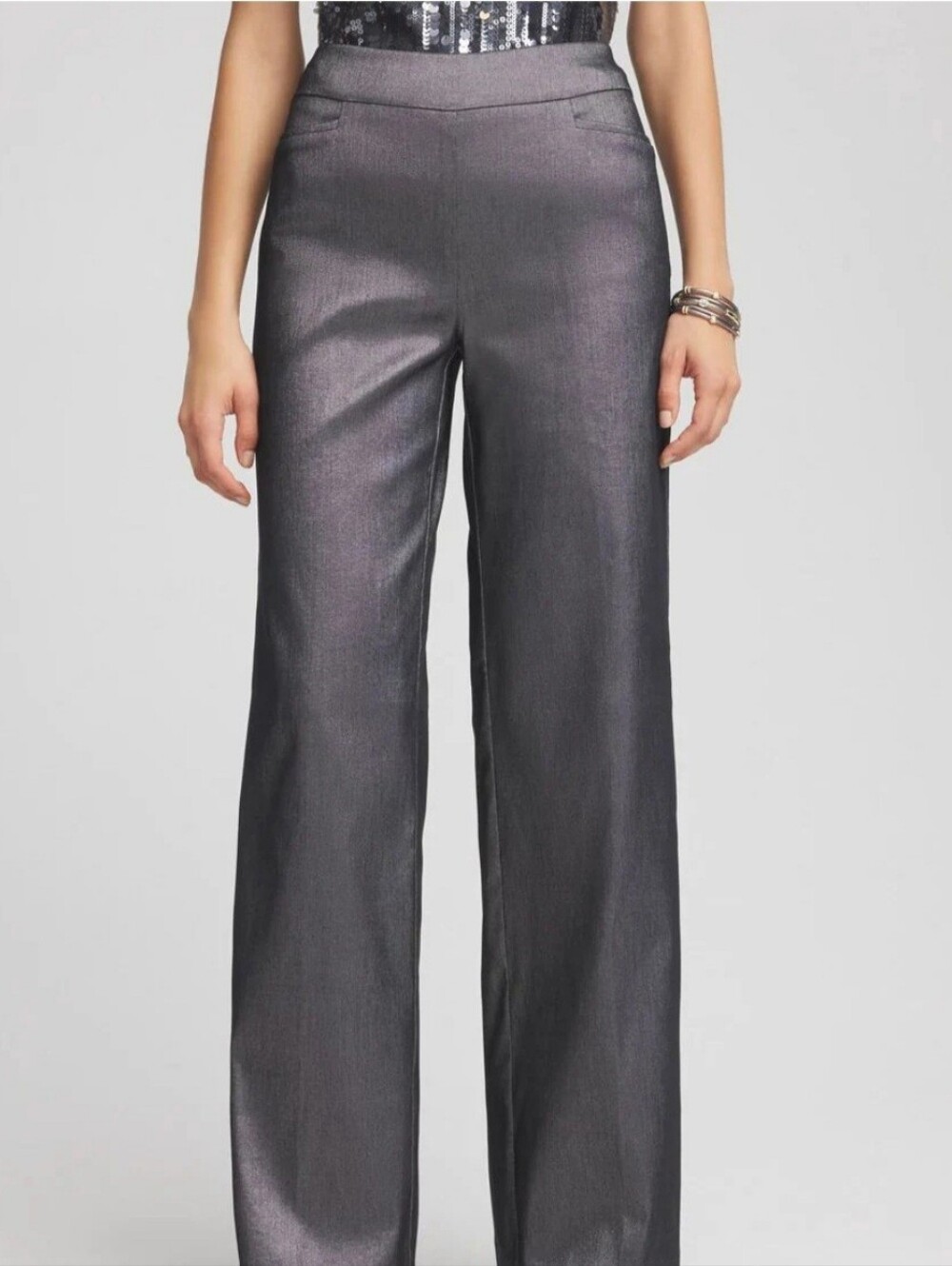 Chico's Metallic Shimmer Pull-On Wide Leg Trouser Pants Dark Gray/Black Size 1.5
